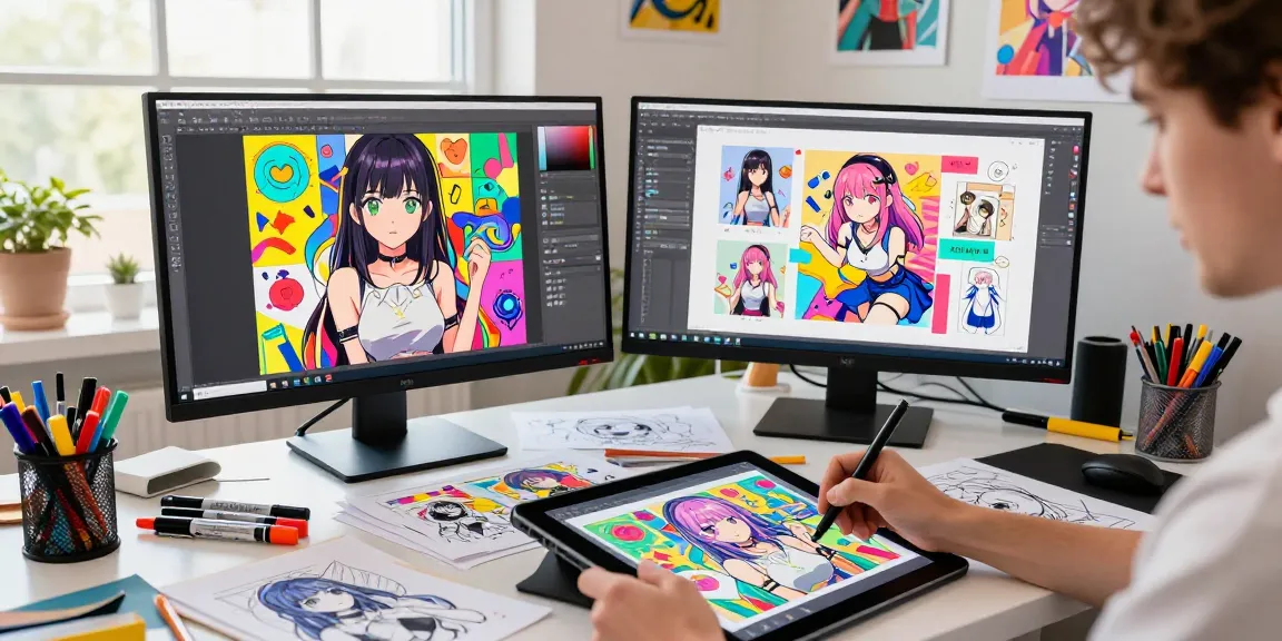 Dynamic AI ecchi art creation scene with vibrant illustrations and digital tools.