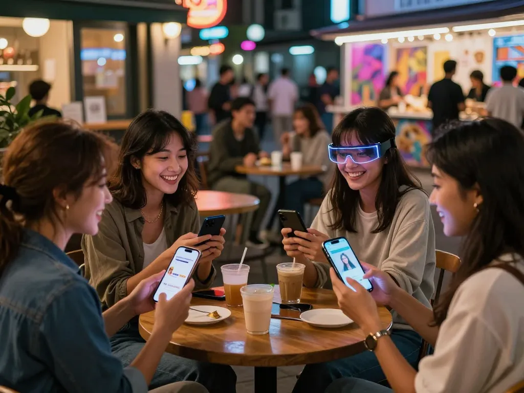 Friends enjoying their AI gf chat in vibrant city nightlife.