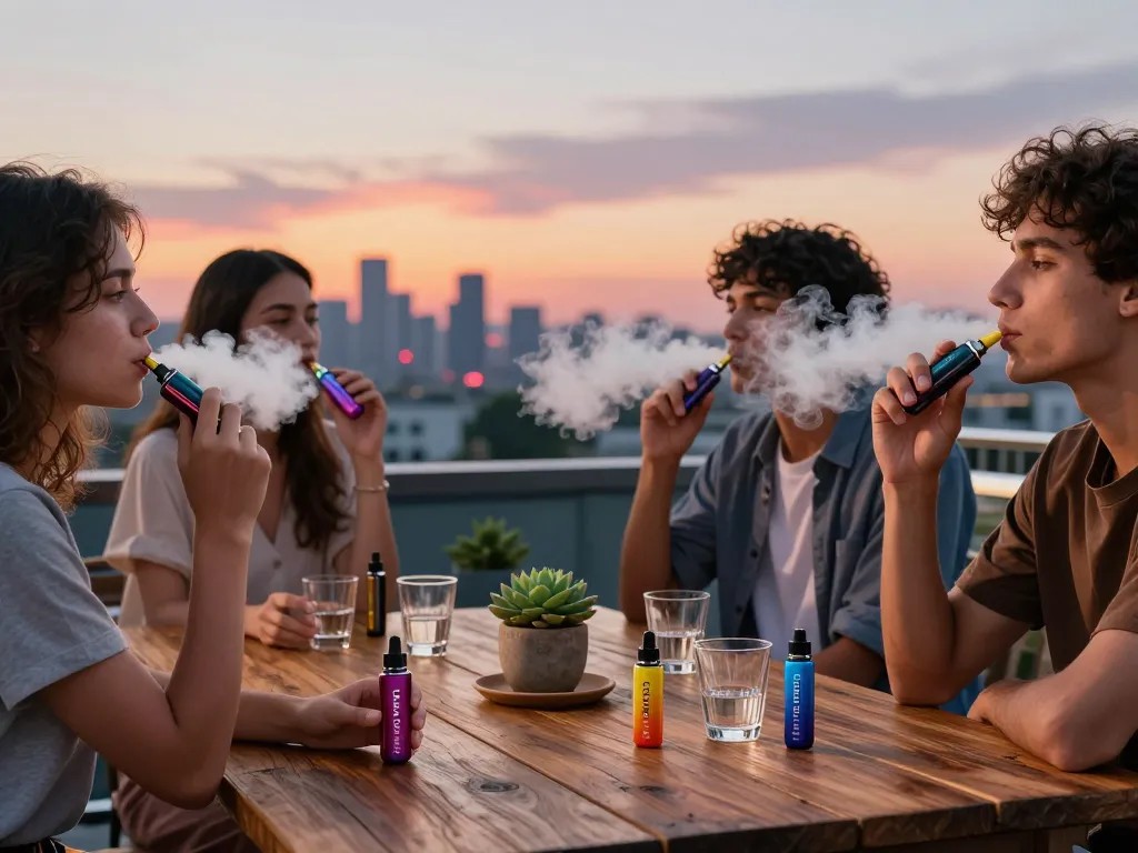 Group of friends enjoying Clean Carts 2g disposable vapes on a rooftop during sunset.