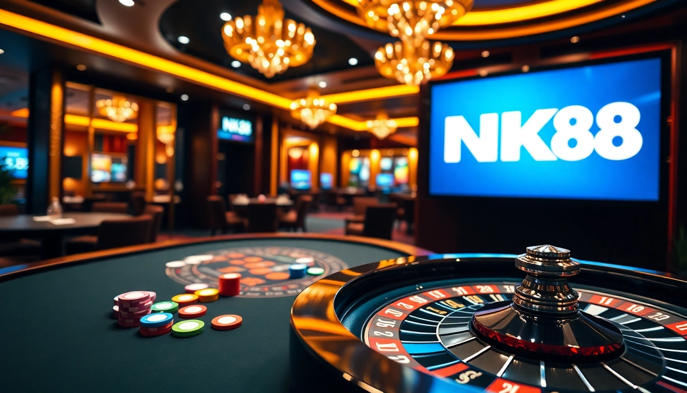 Players enjoy thrilling games at NK88, highlighting casino tables, poker chips, and roulette wheels.