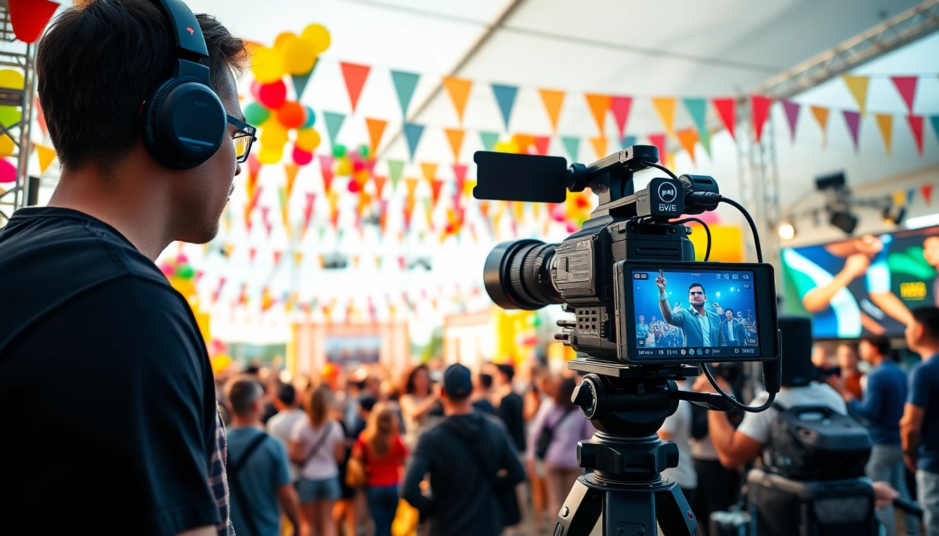 Event videography capturing a cameraman filming a vibrant outdoor festival with a lively crowd.