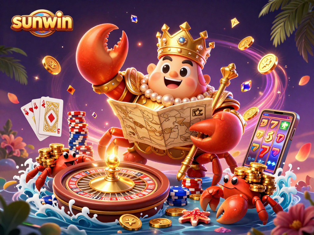 Engage with sunwin's vibrant 3D casino scene featuring a golden crab emperor and treasure elements.