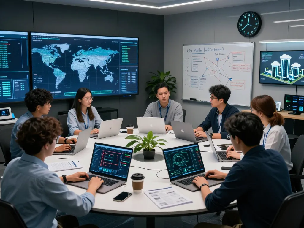 快连 network performance optimization team collaborating in a modern tech workspace