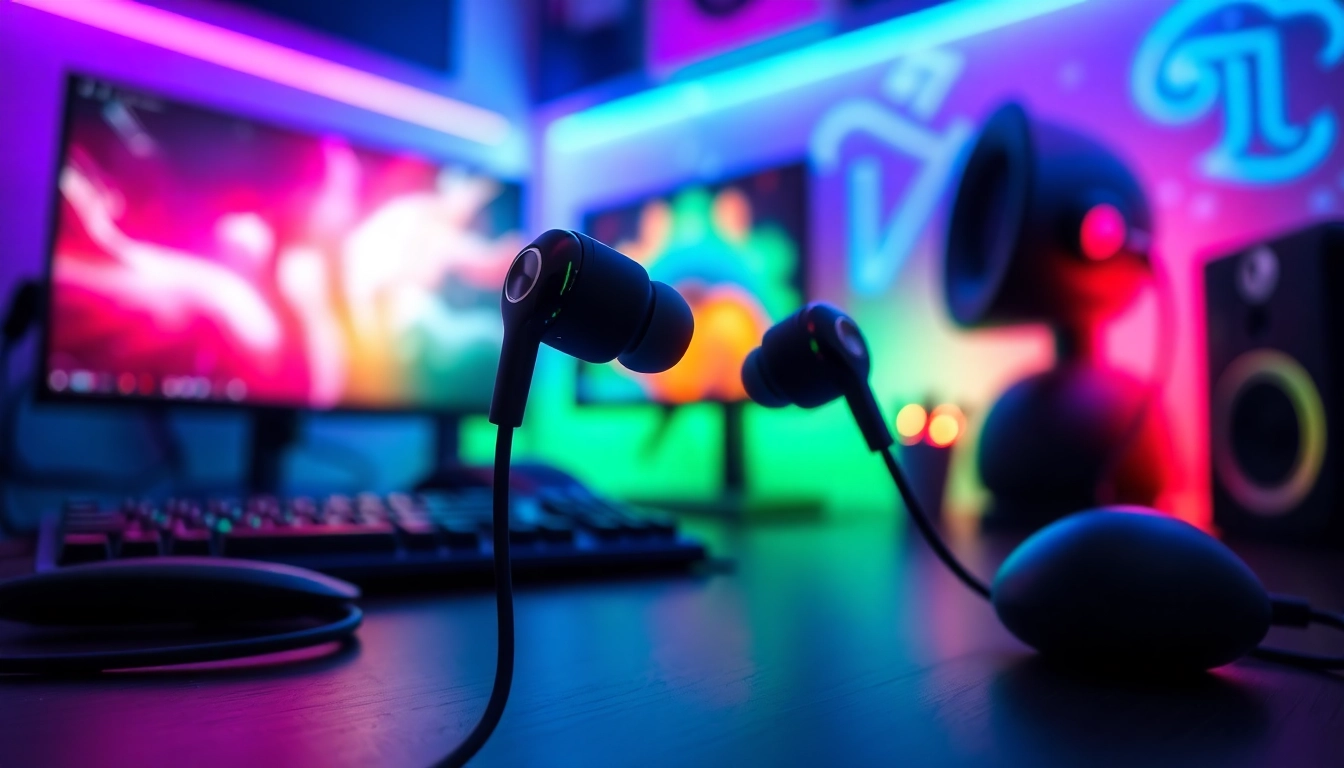 Experience high-quality sound with PRO60 Gaming Earbuds in a vibrant gaming setup.