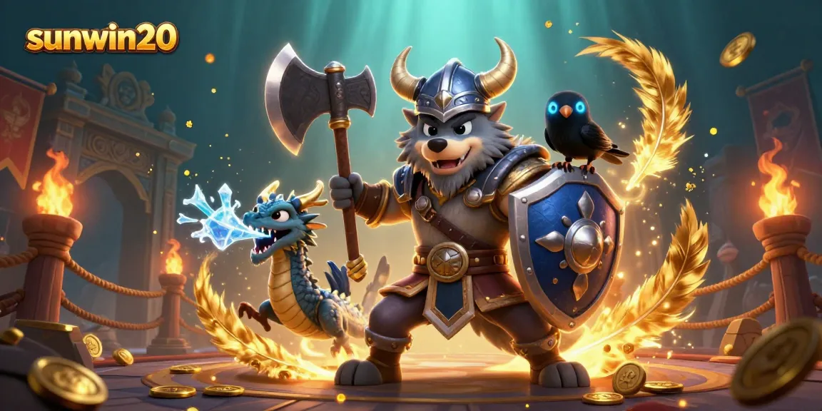 Win big at sunwin20 with a Viking wolf warrior, fierce dragon, and dynamic casino elements!