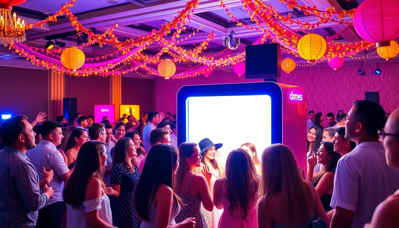 Guests enjoying a fun photo booth rental experience at a vibrant event.