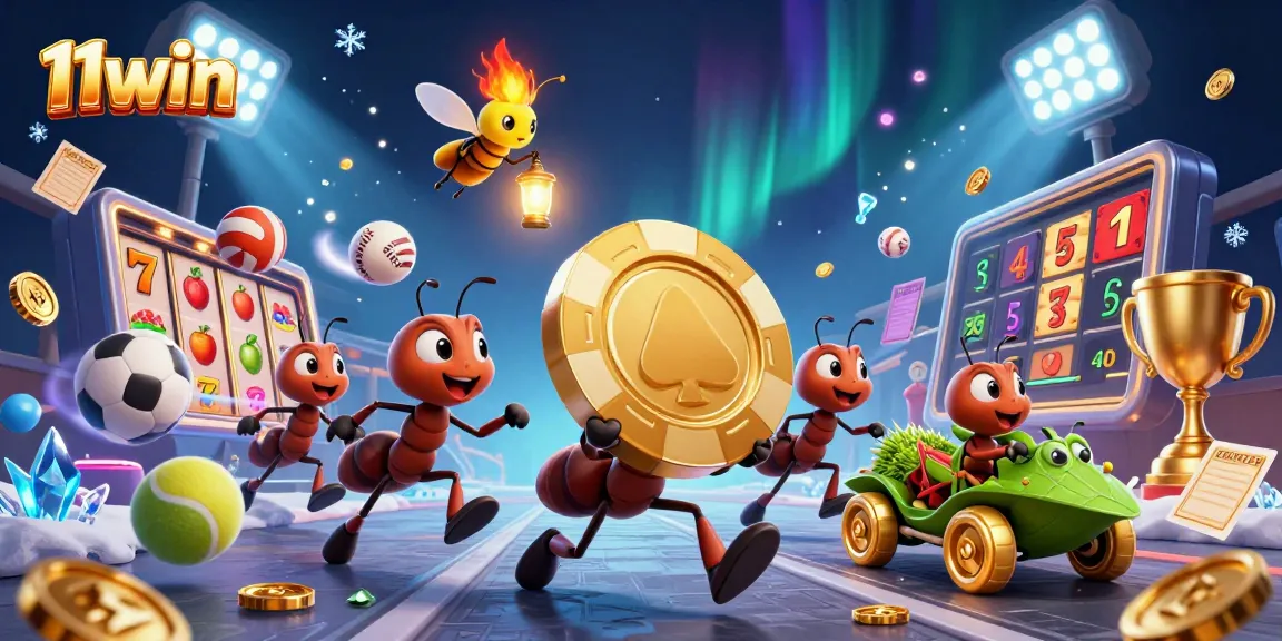 Engage with thrilling 11win casino action featuring cartoon ants in a dynamic heist for a giant poker chip.