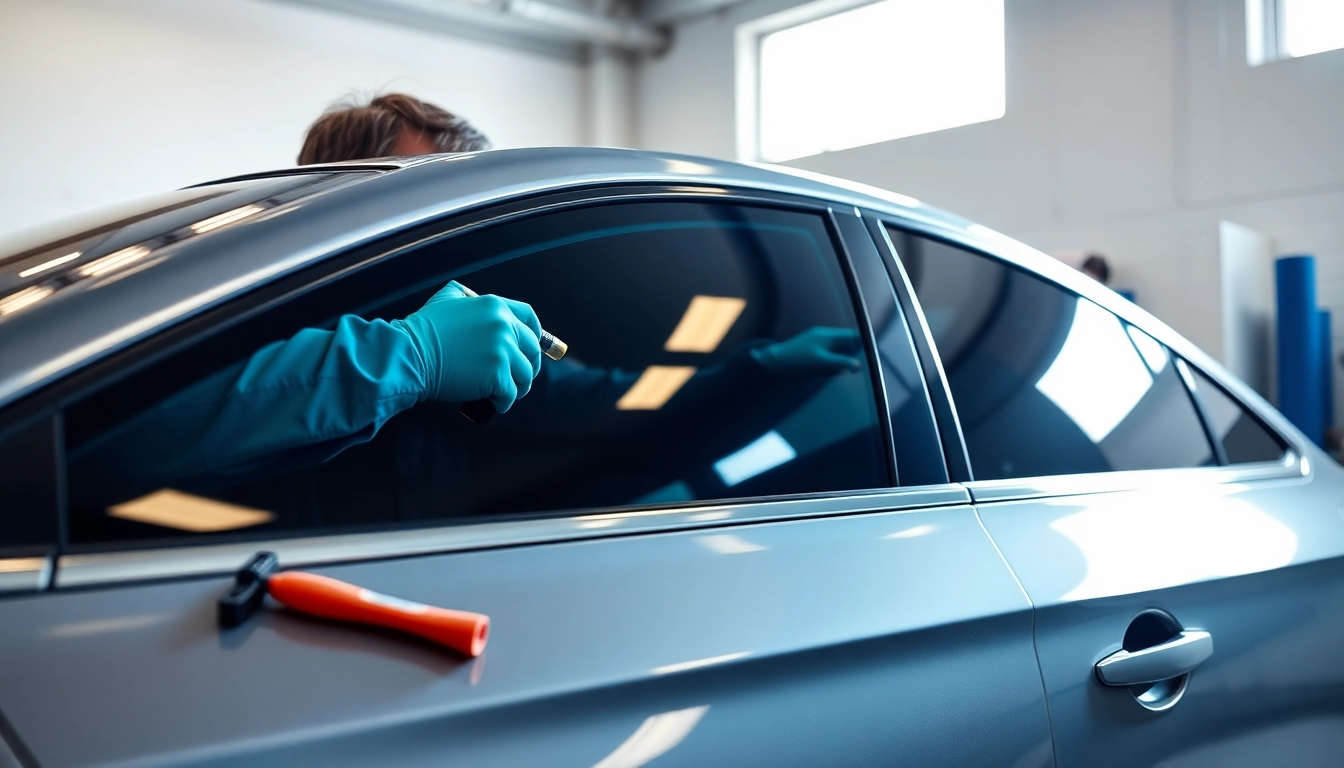 Applying window tint Chattanooga for a perfect finish in a professional garage environment.