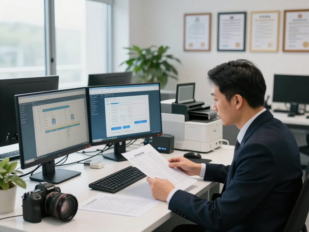 Analyzing document fraud detection tools with monitors and scanners in a professional office.