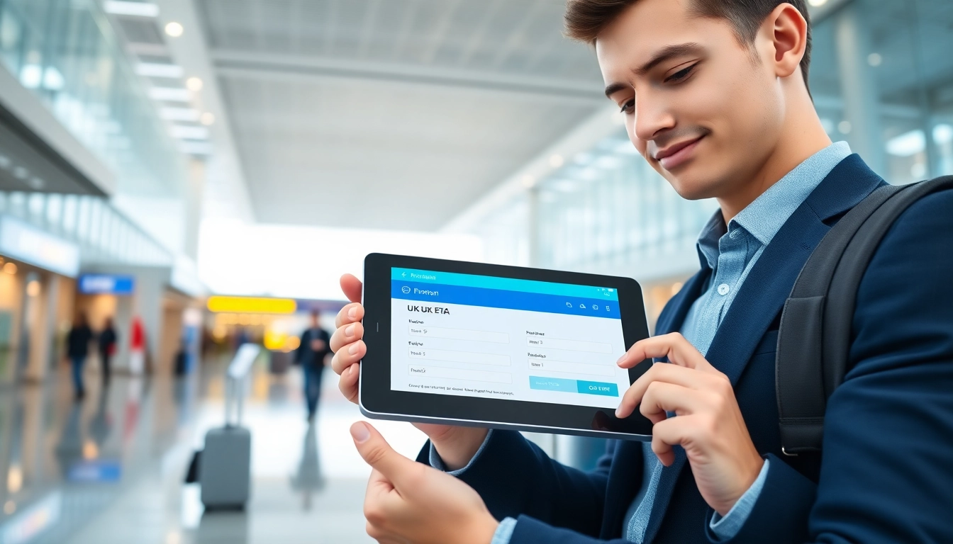 Complete the uk eta online application seamlessly with digital devices at an airport.