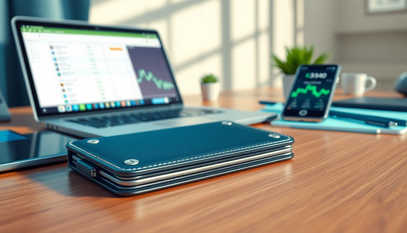 Crypto Wallet showcased on a stylish desk with modern devices, illustrating digital currency security.
