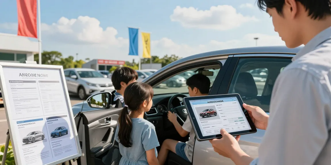 Family checking a car history report before buying a used vehicle at a dealership.