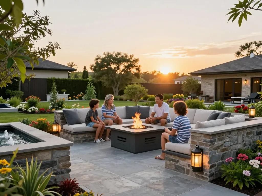 Paver contractors near me creating elegant outdoor spaces with a cozy patio, fire pit, and lush landscaping.