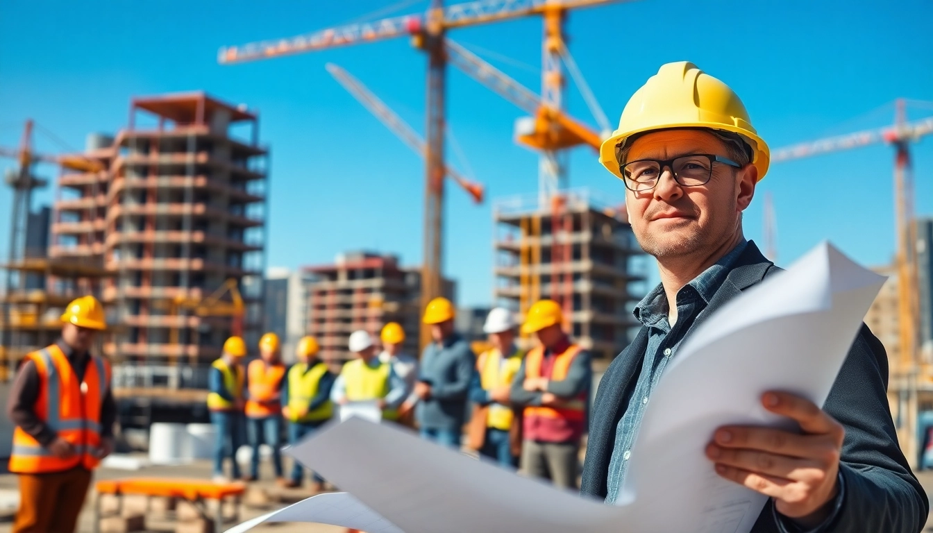 New York Construction Manager directing a busy construction site with workers and machinery.