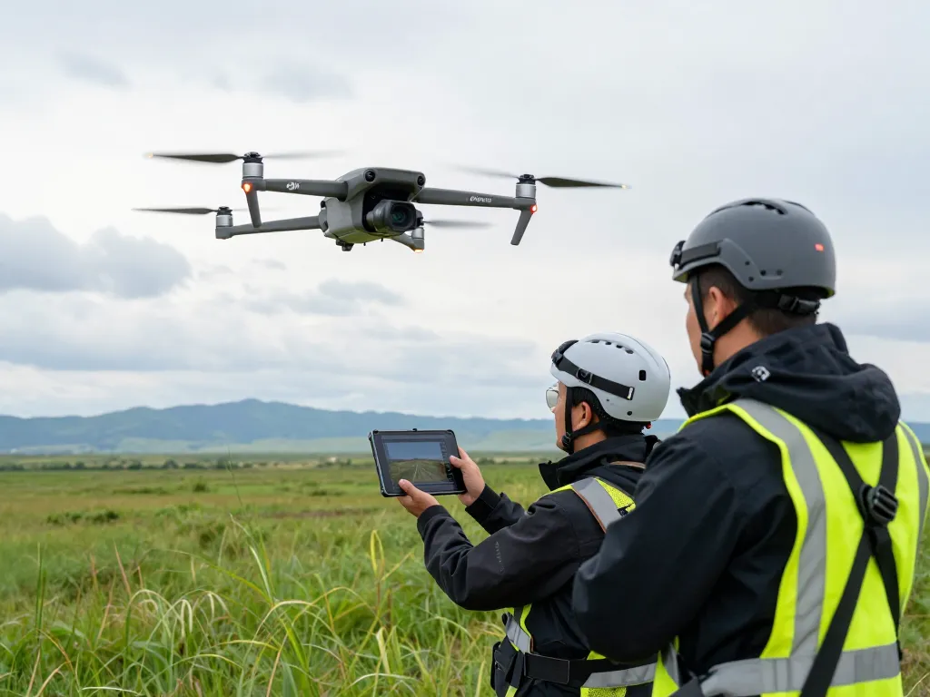 Technicians launching the Mavic 3T drone in a scenic landscape for professional inspection