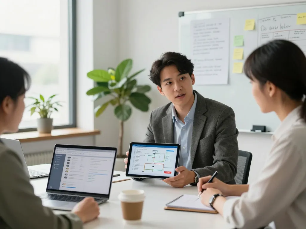Consultant presenting automation strategies during a professional meeting with a client in a modern office.