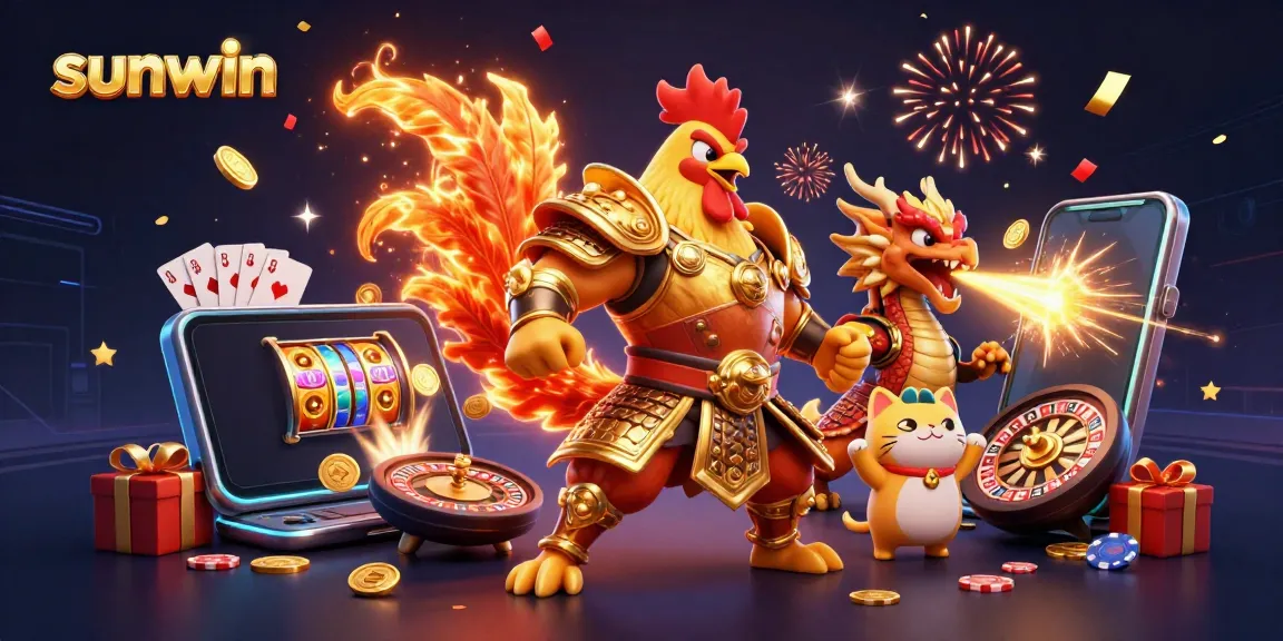 Experience thrilling gaming action at Sunwin with a dynamic scene of casino characters and gaming elements.