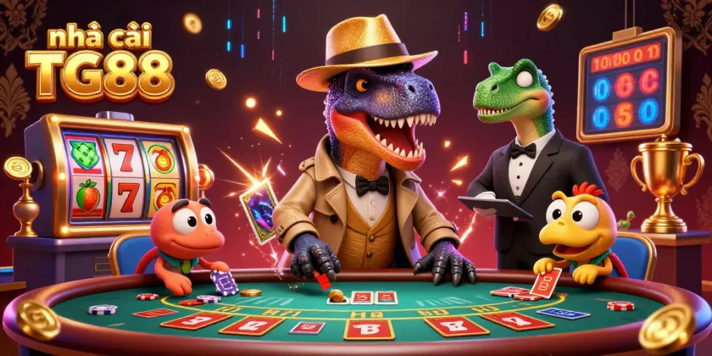 Experience exciting gameplay at nhà cái TG88 with cartoon velociraptor at a blackjack table.