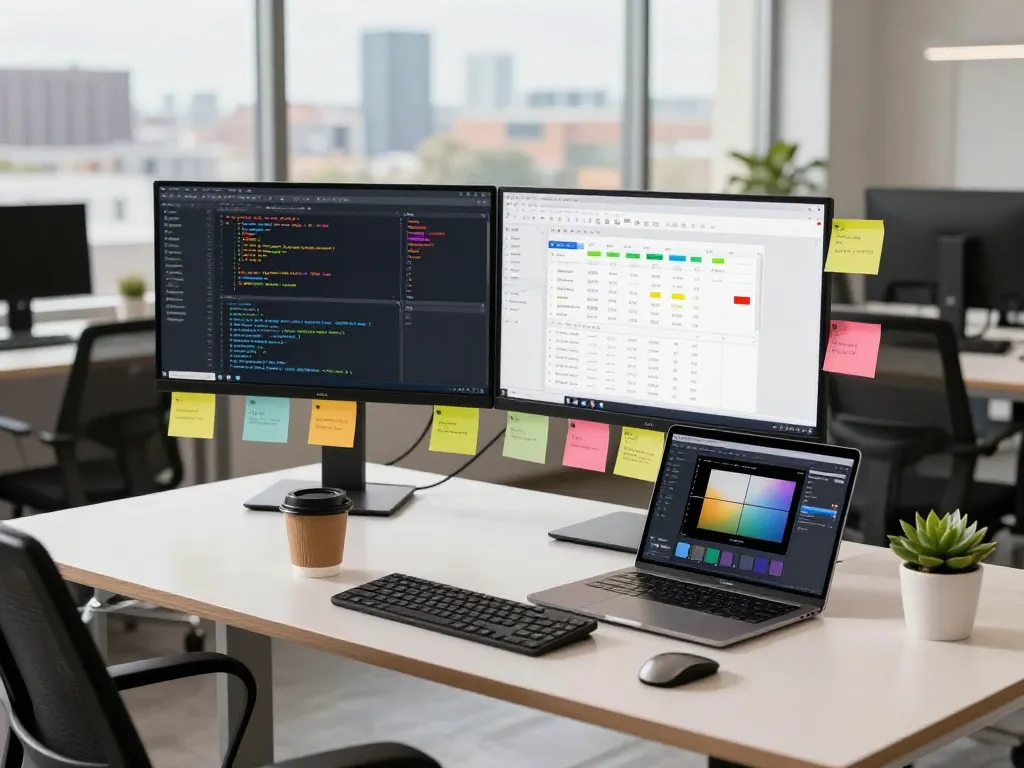 Developer using WPS software in a modern tech workspace with dual monitors.