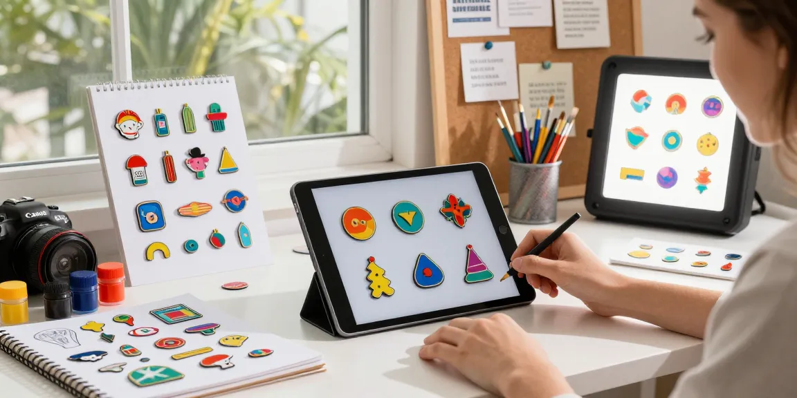 Designer creating custom acrylic pins in a vibrant studio filled with colorful mock-ups and art supplies.