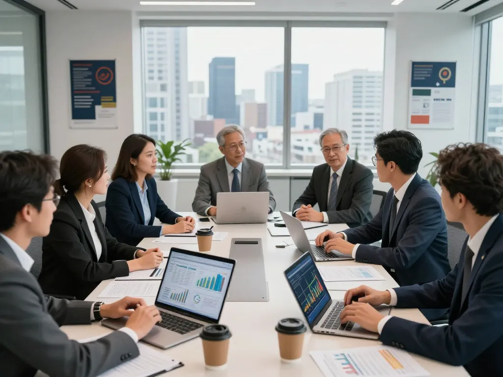 Global investment group professionals collaborating on strategies in a modern office.
