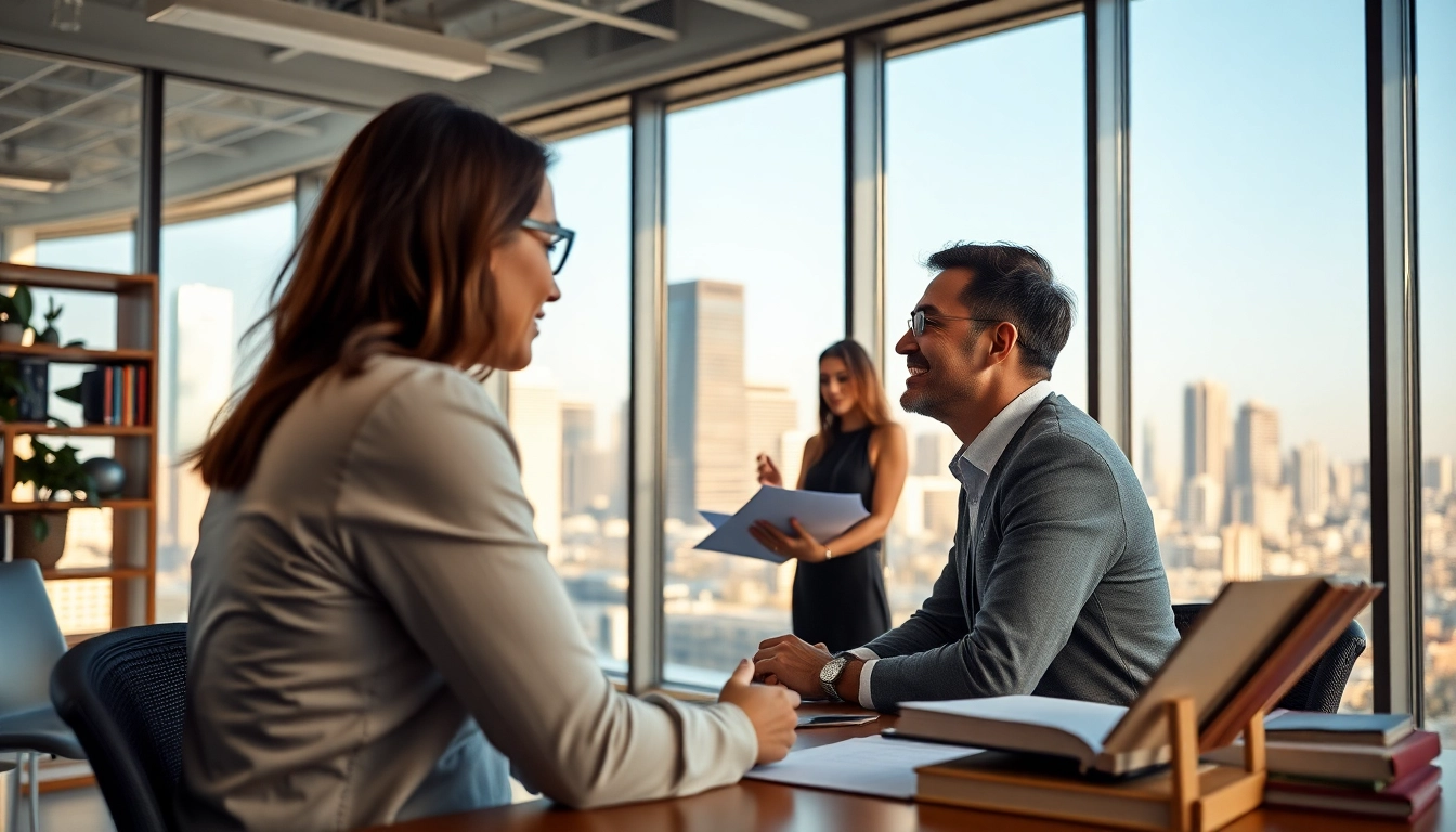 A business coach los angeles motivating clients in a vibrant, modern office setting.