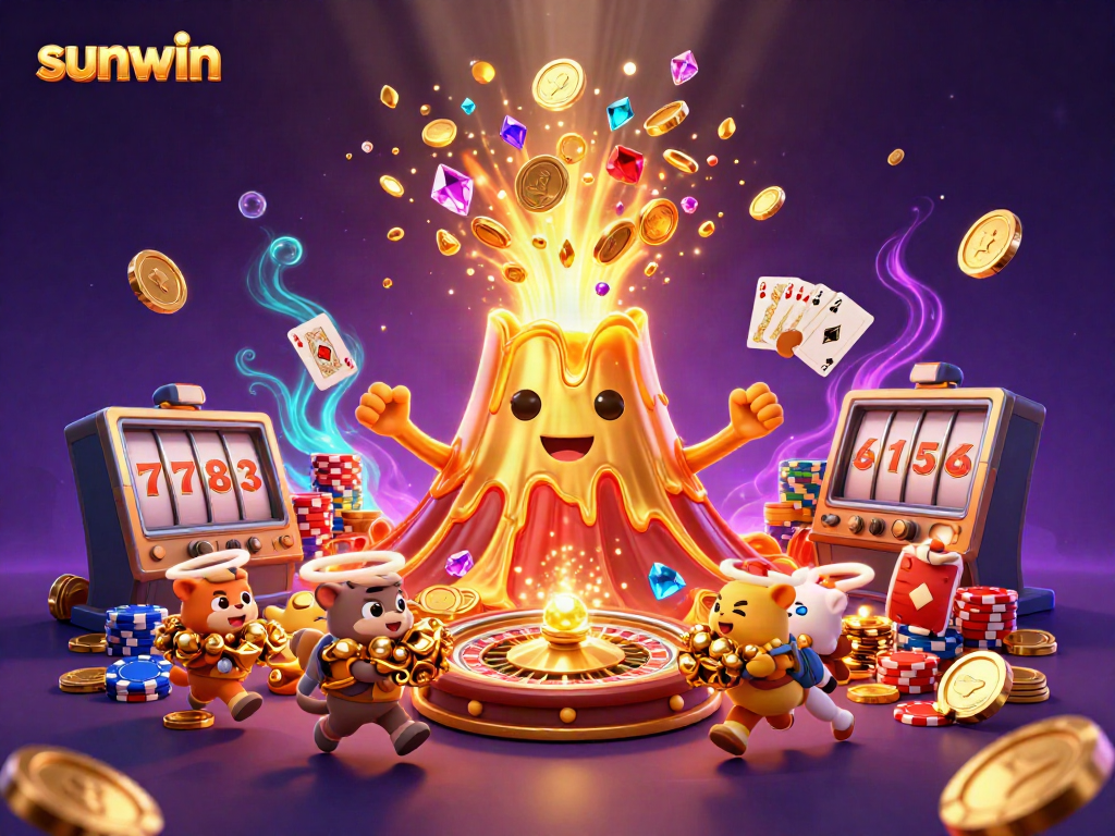 Experience the thrill of sunwin gaming with a stunning volcano bursting with coins and gems.