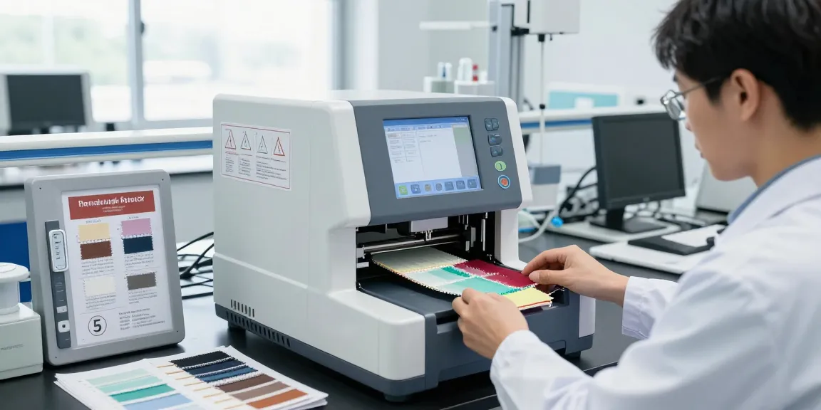 Technician using the Elmendorf tearing tester to measure fabric tear strength in a modern laboratory.