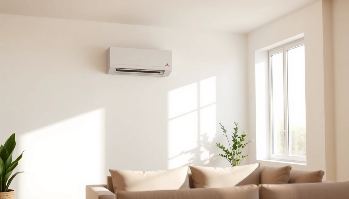 Showcase of a mitsubishi mini split ac in a modern living room environment with natural lighting.