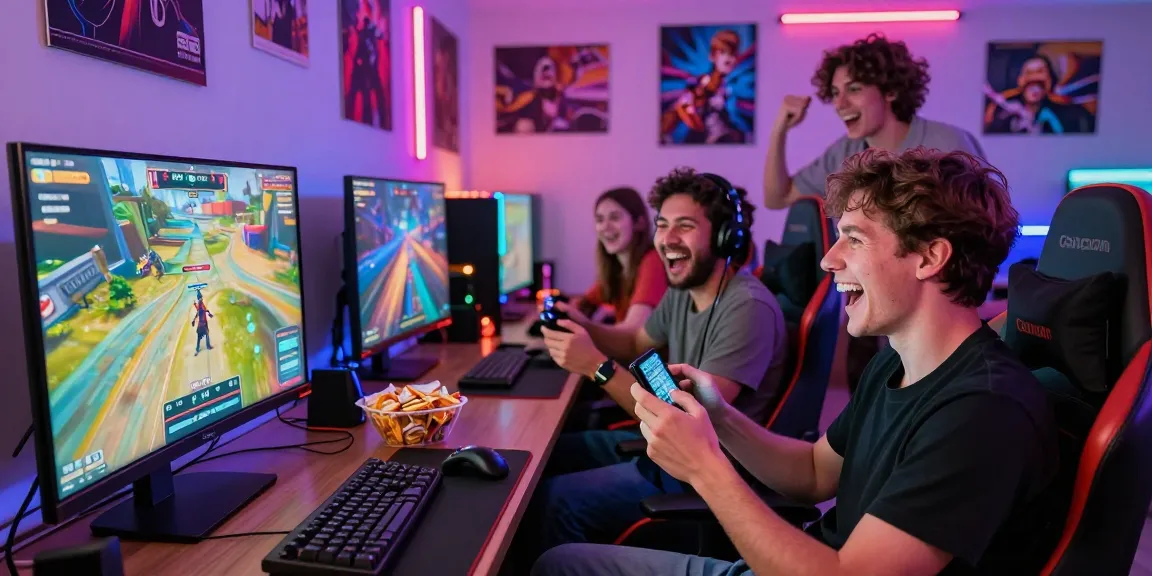 Friends enjoying an adult game in a lively gaming environment with colorful LED lights and engaging graphics.