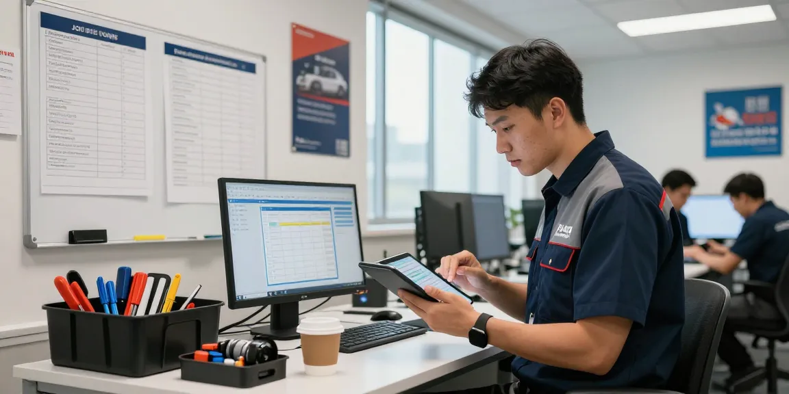 Field service technician using software to manage technicians and jobs in a collaborative office environment.