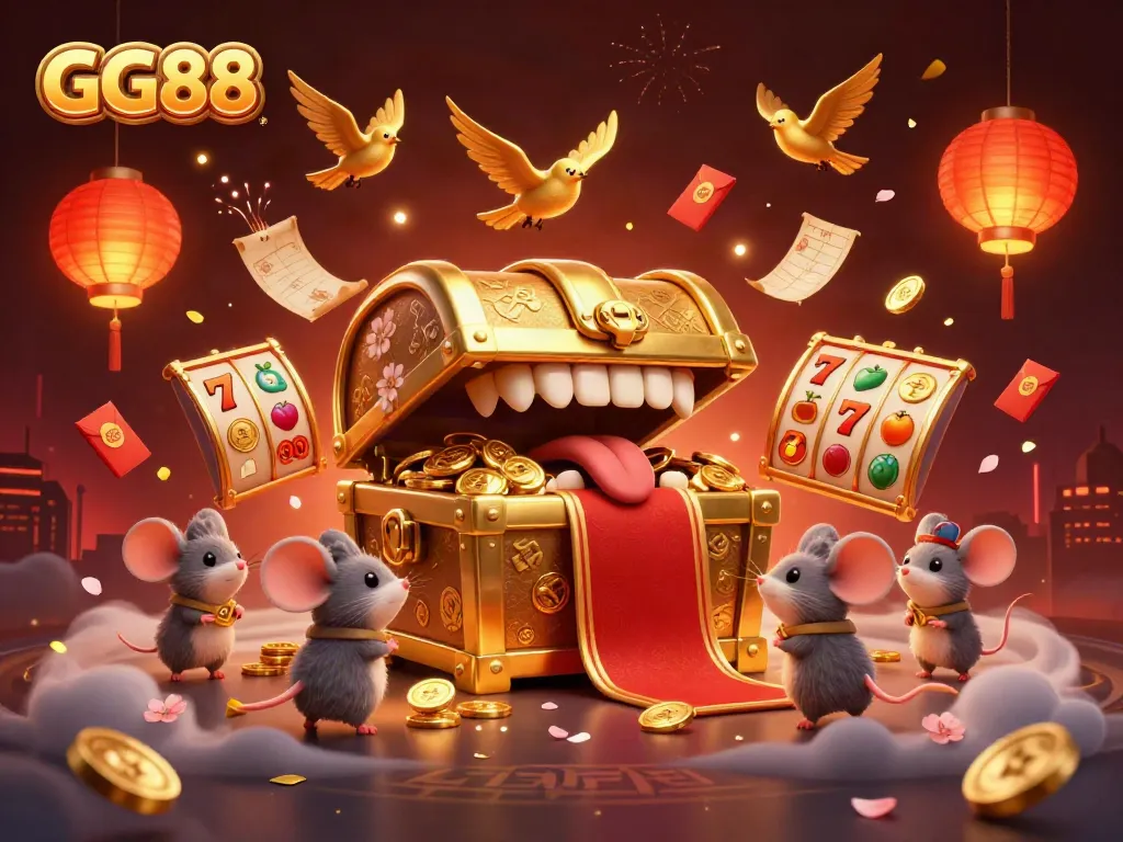 Experience the thrilling games at GG88, where cartoon treasure chests and vibrant casino elements define the adventure.