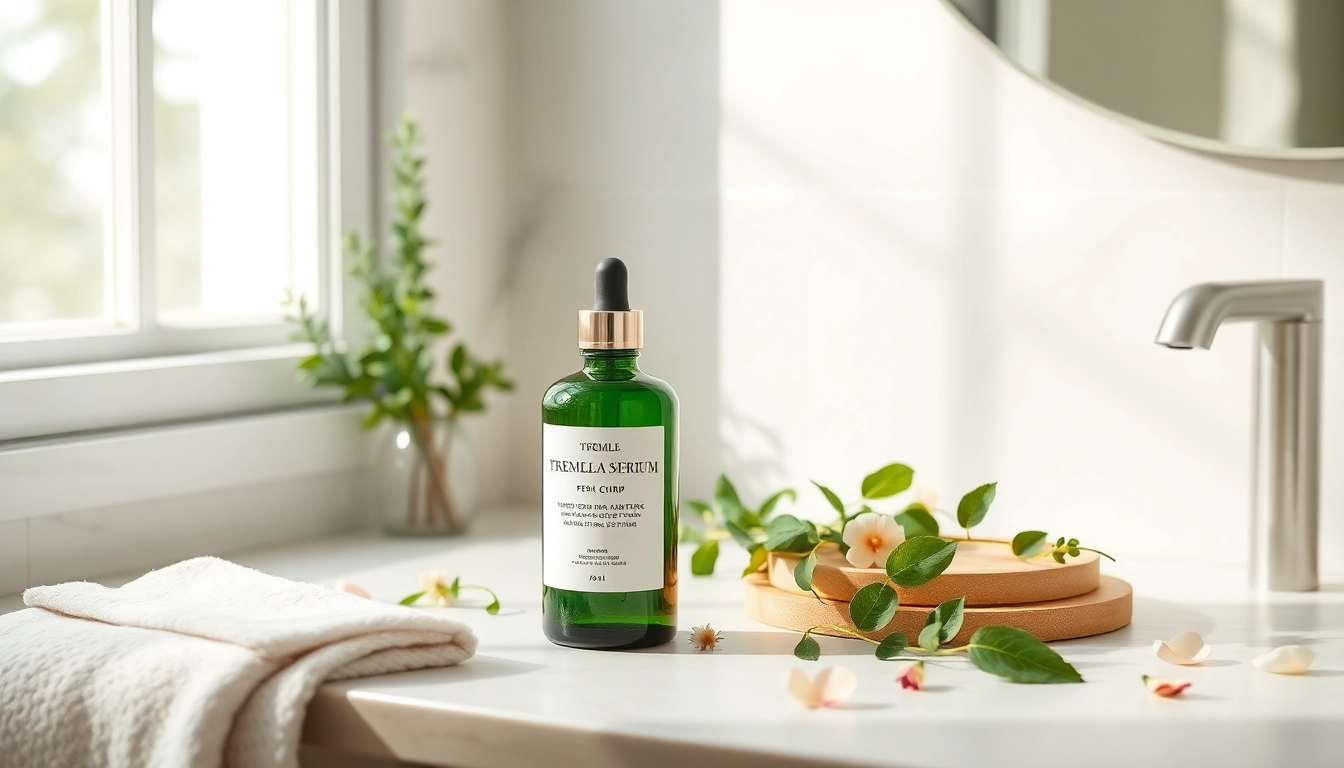 Tremella mushroom serum elegantly displayed on a serene bathroom counter with fresh herbs and flowers.
