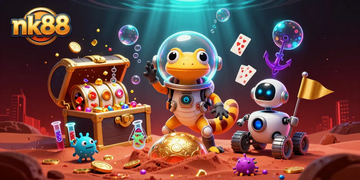 Experience the thrill of nk88 with a Martian gecko in a golden casino bursting with treasures in a vibrant 3D scene.