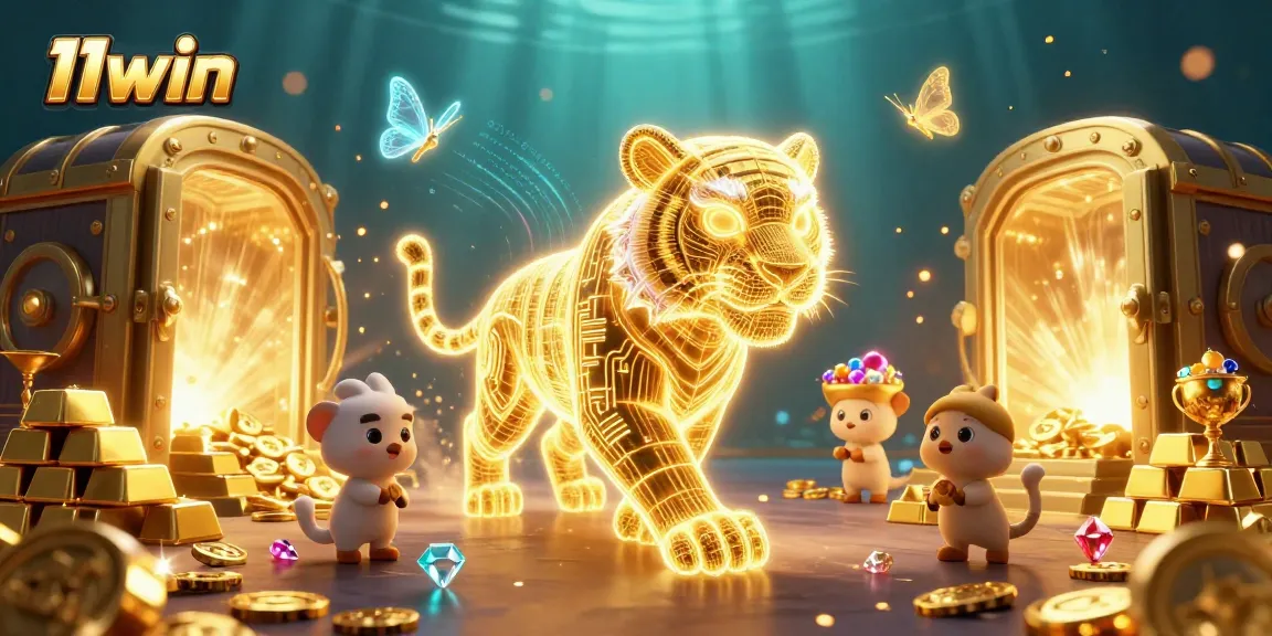 Experience 11win's vibrant digital casino adventure with dazzling treasures and a glowing tiger.