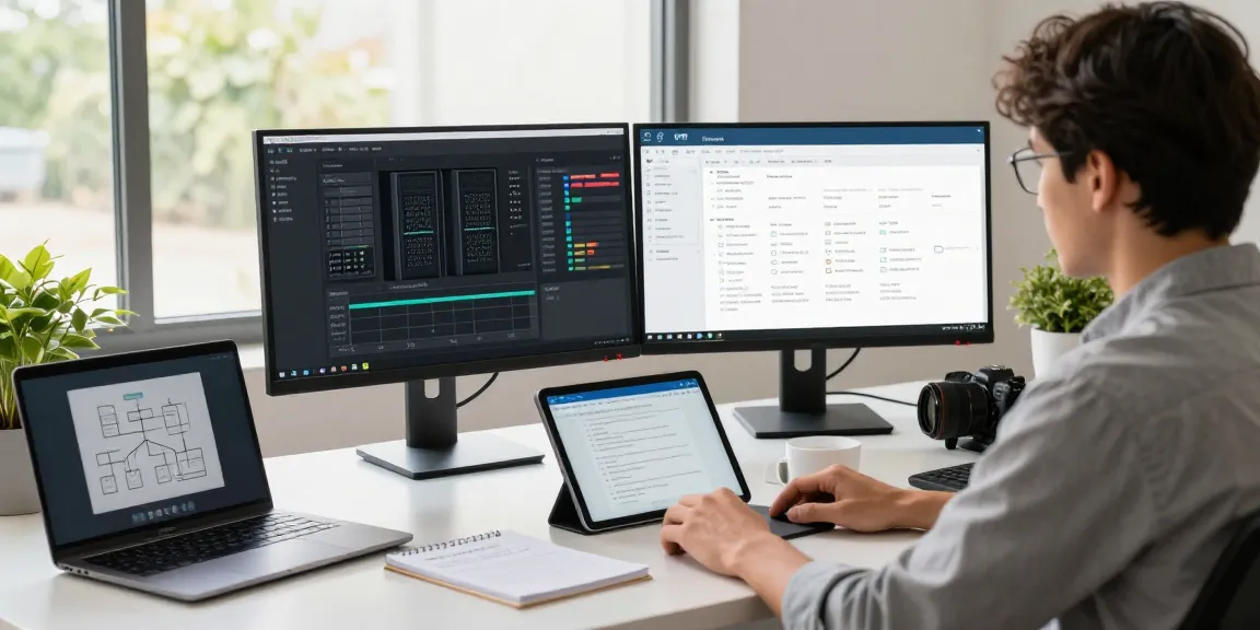 VDS kirala setup in a modern office with dual monitors displaying server configurations and system architecture.