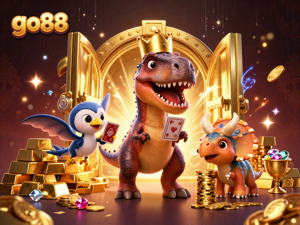 Join the fun at go88 with a T-Rex shuffling cards and a triceratops stacking chips in a vibrant casino setting.