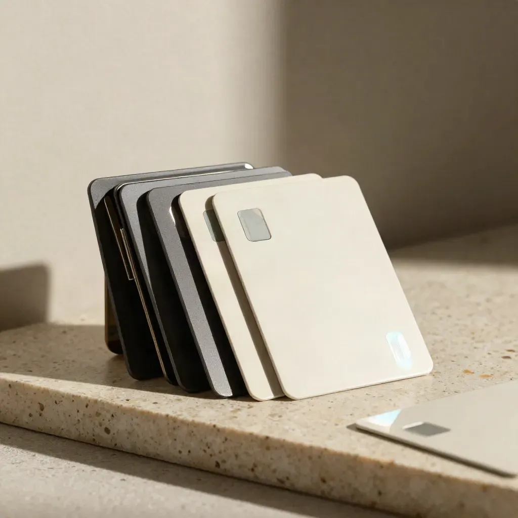 Fan of edit cards and a slim SSD on travertine with a glossy cyan edge flare.