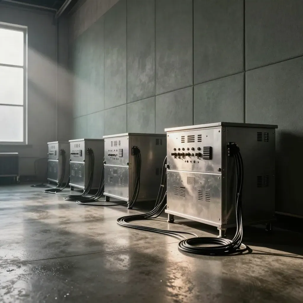 Post-production loft with drive stacks, cables, and a soft playback glow in rain-mist light.