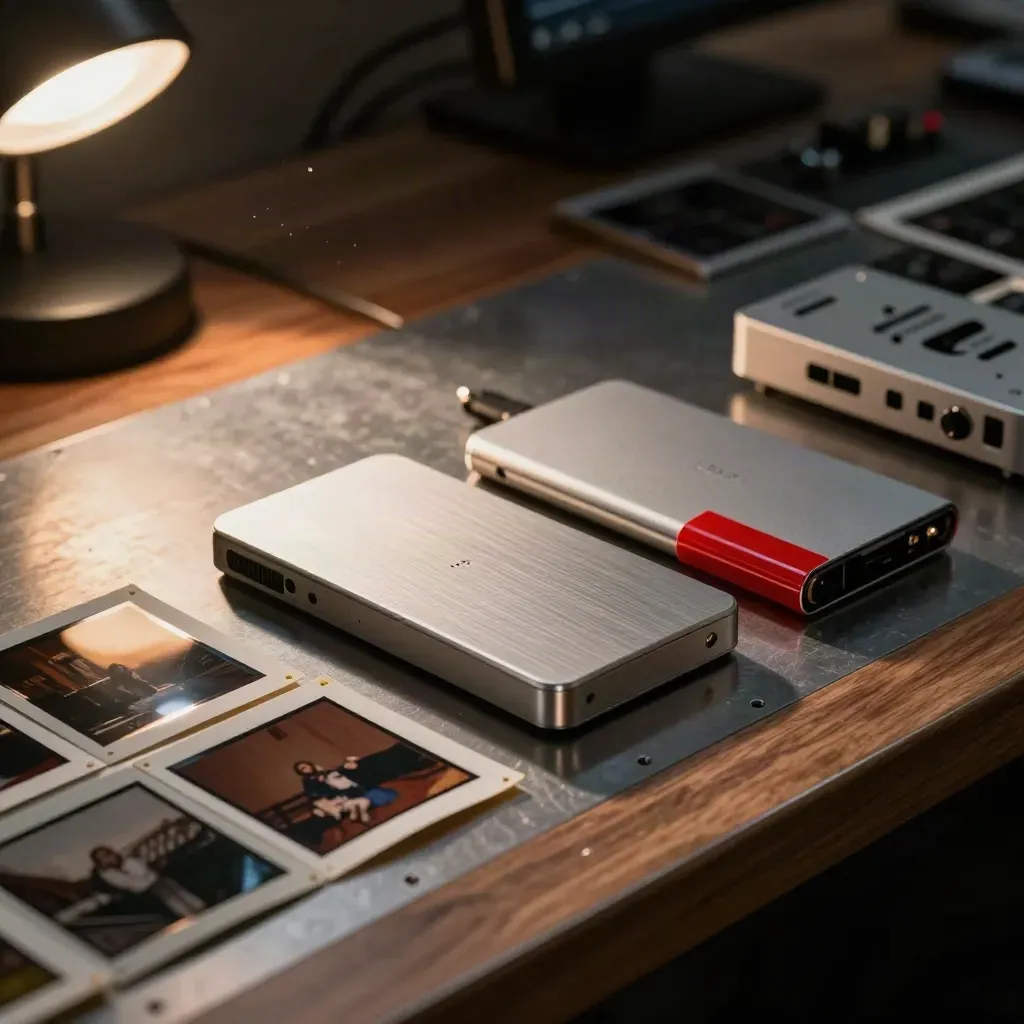 Film stills, export drives, and audio tools on a pewter edit bench in warm afternoon light