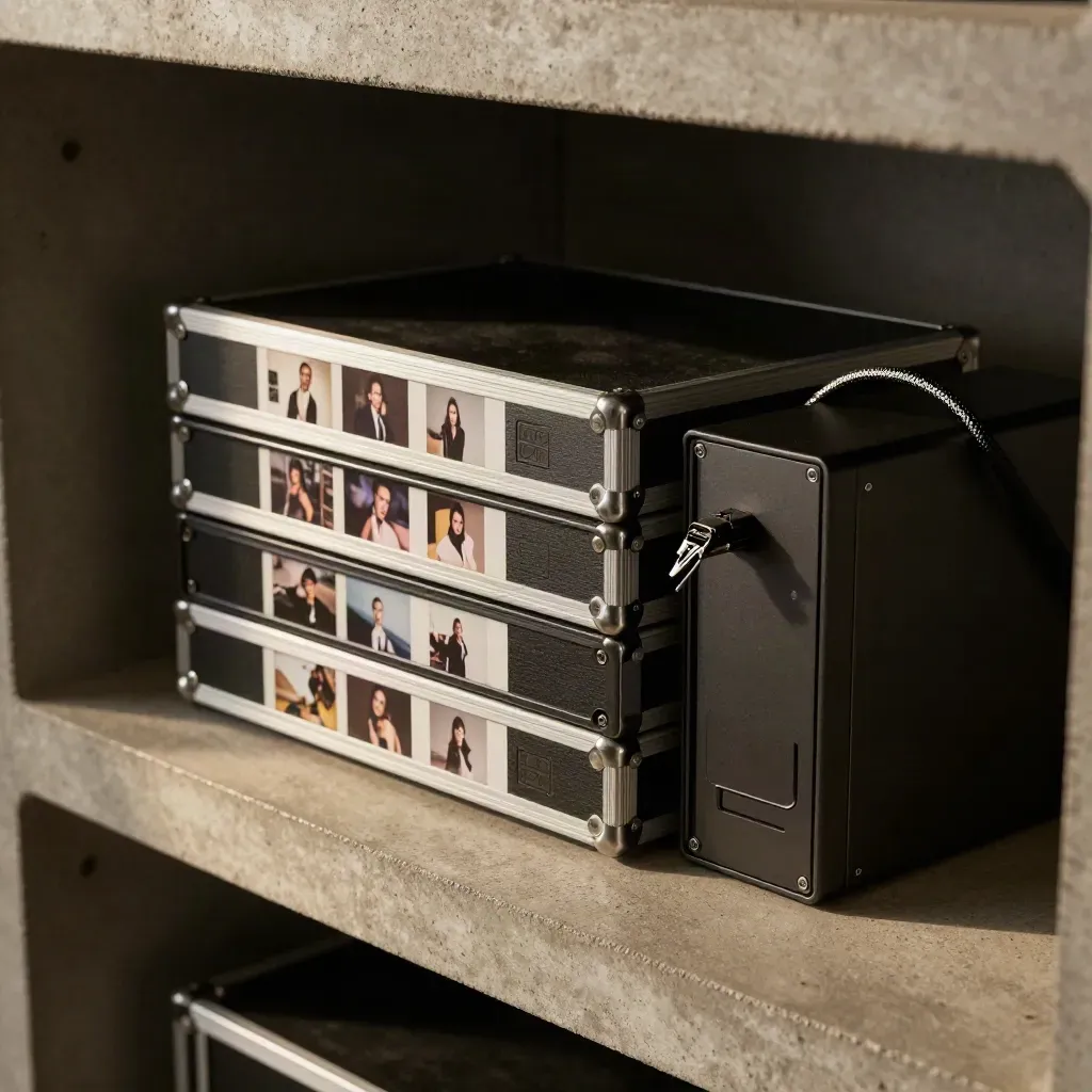 Archive drives and face-down proofs stacked on a post-production shelf in soft cinematic light.