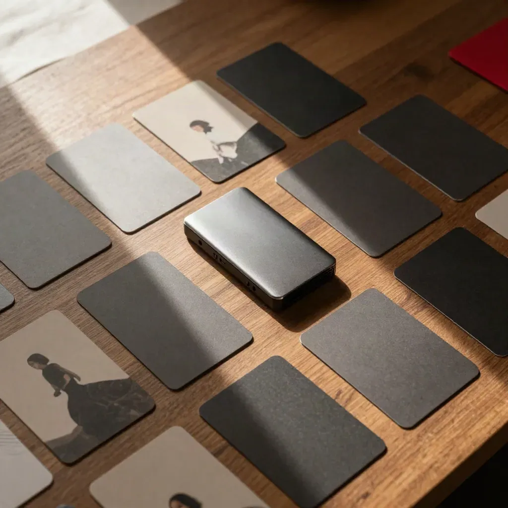 Top-down flat lay of master cards, backup drive, and clip case on warm oak.