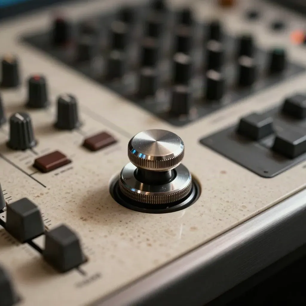 Macro of a worn jog wheel, shuttle dial, and shortcut keypad on a post-production console.