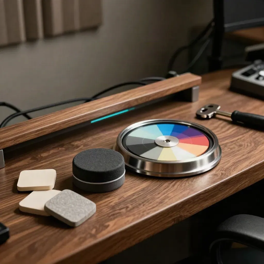 Color grading tools on a walnut console under dramatic studio light.
