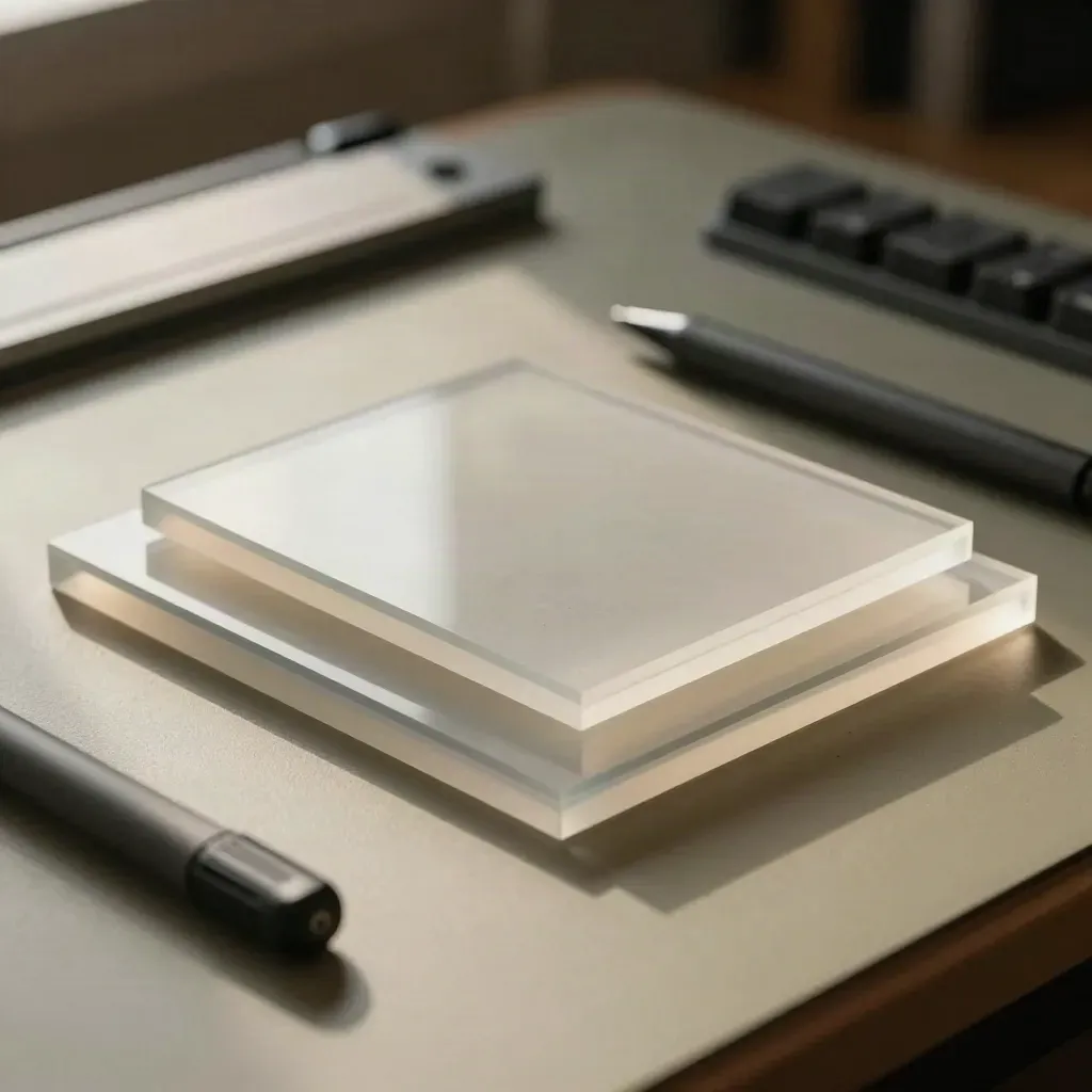 Close-up of animation layers, matte keycaps, a pressure pen and acrylic blocks on a light table.