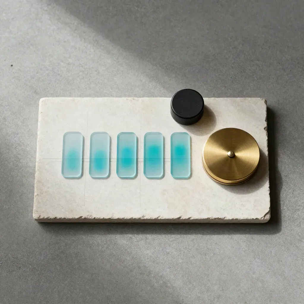 Overhead flatlay of timing tabs, brass dial, and cyan markers on concrete