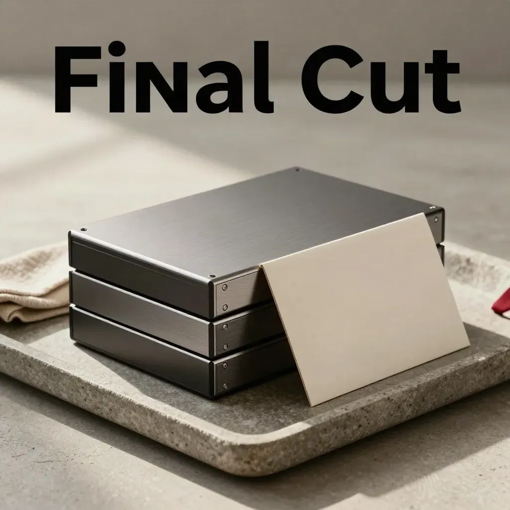 Export drives, archive case, and shipping sleeve on a stone tray with soft daylight.