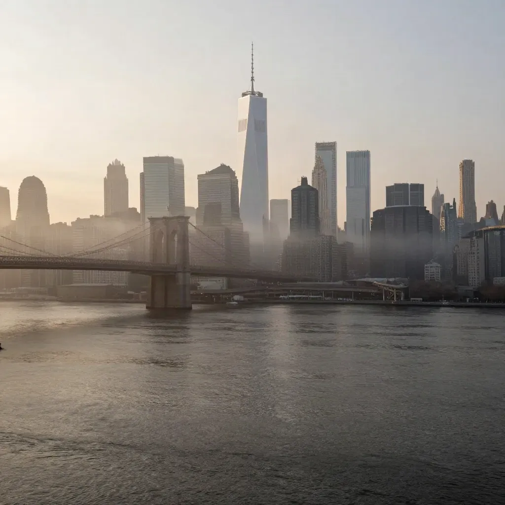 Manhattan skyline above a misty harbor at dawn with bridge lines and calm water