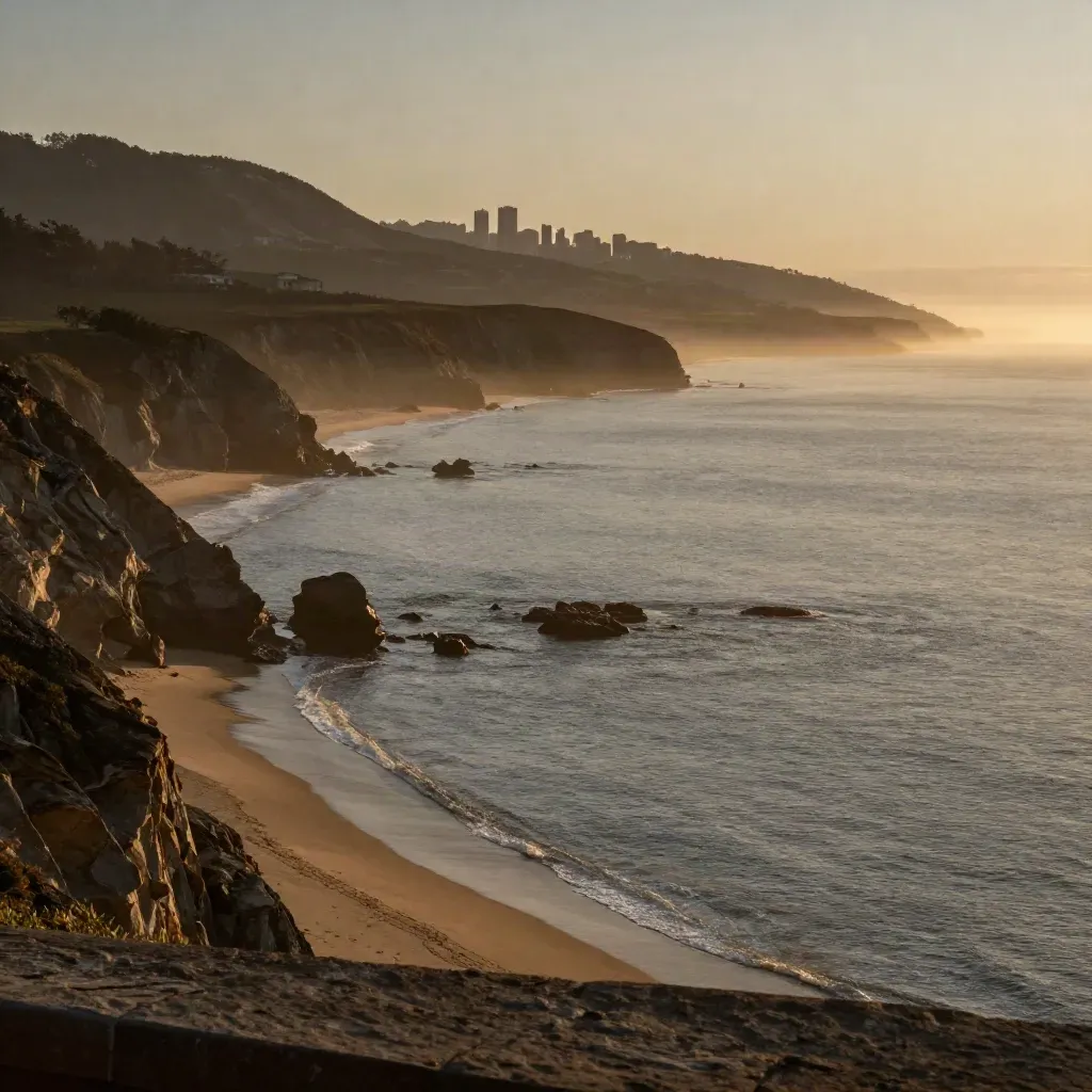 Golden-hour Pacific coast with cliffs, haze and open ocean, framed high for West Coast US copy.