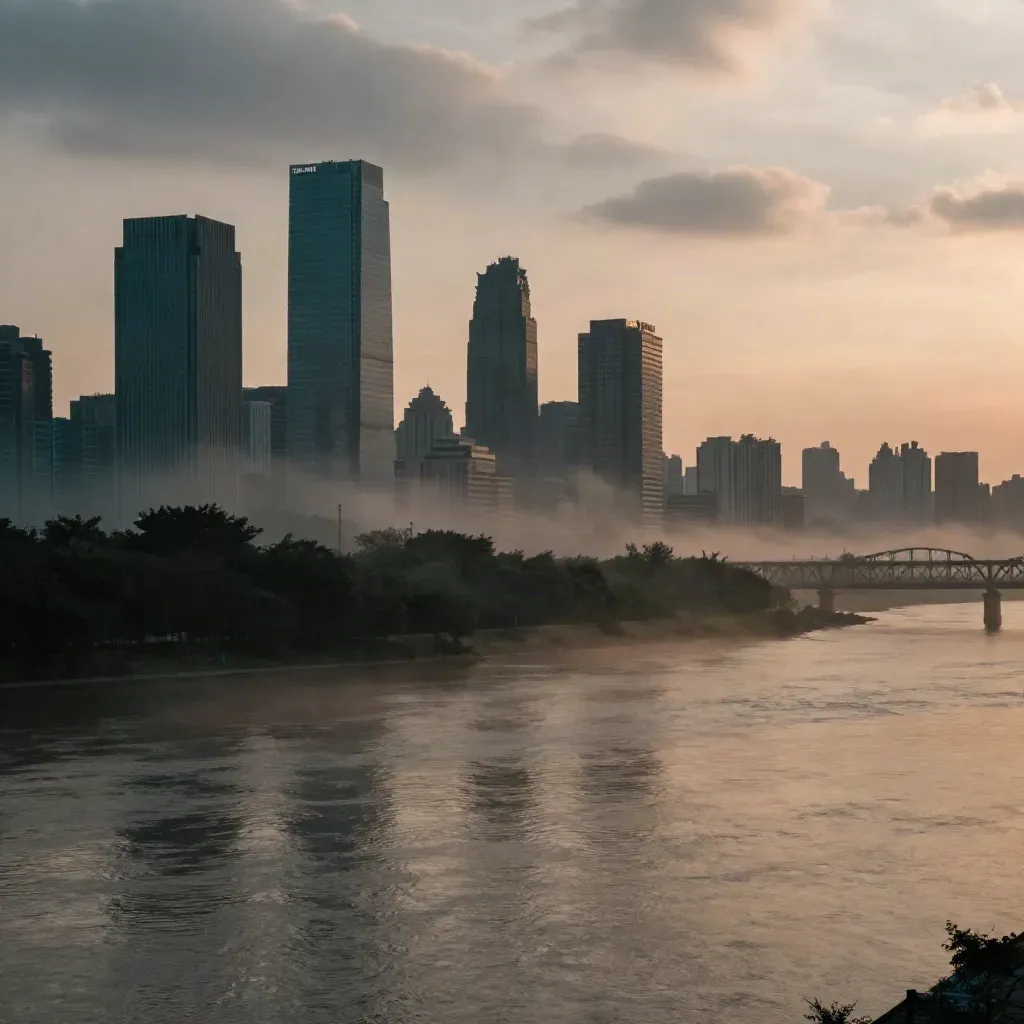 Post-storm riverfront skyline above misty water and warm glowing clouds